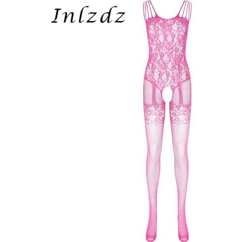 Sexy Womens Floral Pattern Crotchless Bodysuit Tights Nightwear See-through Hollow Out Fishnet Bodystocking Sleeveless Leotard