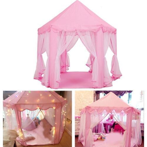 Portable Childrens Tent Girls Princess Pink Castle Kids Play House Mosquito Net for Indoor Outdoor Garden Star Curtain Light
