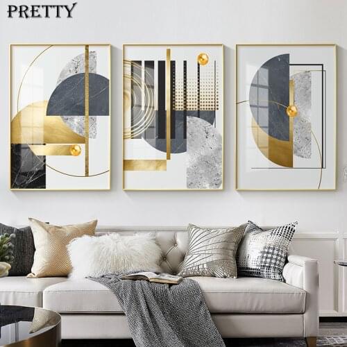 Luxury Golden Abstract Geometric Canvas Art Painting Pattern Stitching Gold Foil Wall Poster Modern Home Decorative Pictures