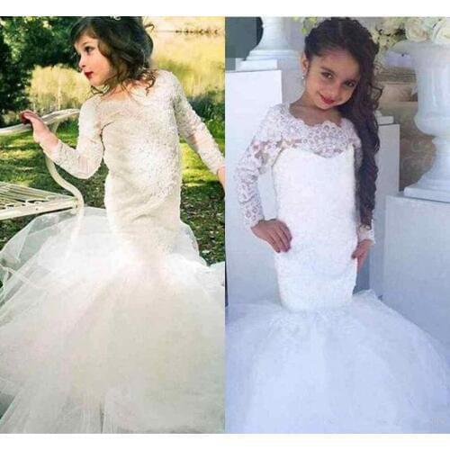 Modest Mermaid Long Sleeves Flower Girls Dresses Lace Tulle Applique Wedding Party Kids First Communion Pageant Dress for Girls
