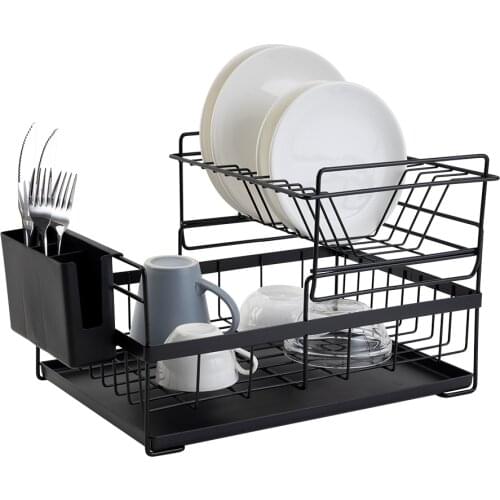 Dish Drying Rack with Drainboard Drainer Kitchen Light Duty Countertop Utensil Organizer Storage for Home Black White 2-Tier