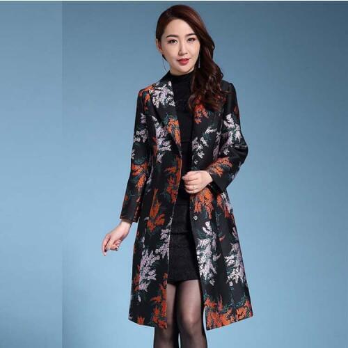 Plus size S-5XL 2017 Trench coat women o-Neck jacquard outerwear dobby womens trenches mother cloth Flower coat trenches