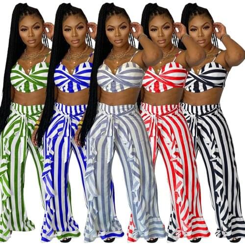 Echoine Striped print Street Women Set Crop Tops And Ruffles Straight Pant Matching Loose Two Piece Set Active Tracksuit Outfits