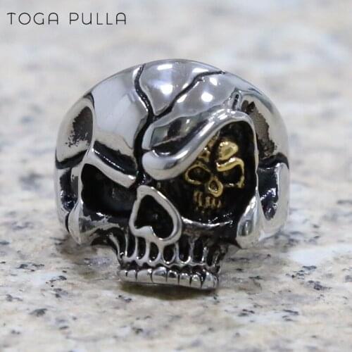 Cool Punk Biker Ring Mens Vintage Gold/Silver Color Skeleton Rings Gothic Stainless Steel Skull Ring Male Hip Hop Jewelry Gift