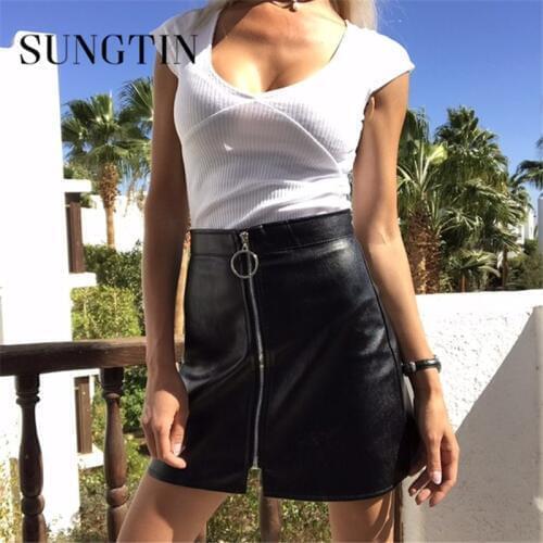 Sungtin High Waist Faux Leather Skirt Women Sexy Mini Short Bodycon Pencil Skirts 2021 Spring Front Zipper PU A-Line Skirt