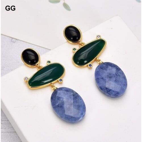 GuaiGuai Jewelry Green Agate Blue Oval Sodalite Onyx Dangle Stud Earrings