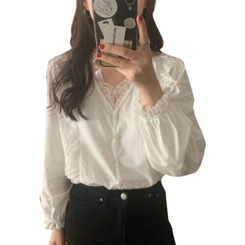 Korean Style Women Spring White Blouse Puff Long Sleeve Sexy V-Neck Shirt Button Down Ruffles Floral Lace Splicing Trim Office