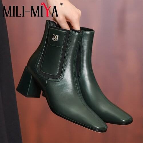 MILI-MIYA Women Chelsea Ankle Boots Autumn Winter Fashion Genuine Leather Female Square Toe Thick High Heel Party Dress Shoes