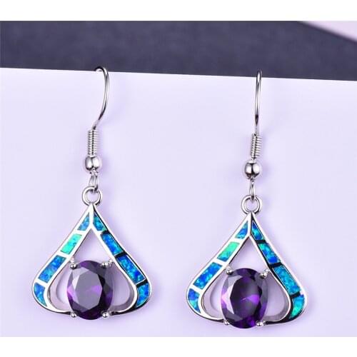 Vintage Female Blue White Fire Opal Earrings 925 Sterling Silver Filled Oval Purple Zircon Rainbow Heart Drop Earrings For Women