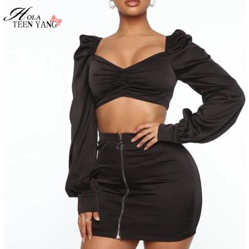 Women Two Piece Chic Suits V-Neck Long Puff Sleeve Chiffon Ruched Crop Top Backless High Waist Zipper Solid Black Mini Dress