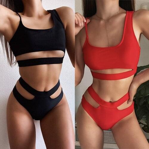 High Waist Hollow Out Swimsuit Women Push Up Bikini Set Swimwear 2021 New Asymmetry Bathing Suit Female Two Pieces Solid Bikini