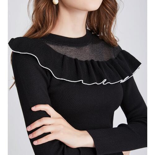 Thick Sexy Lace Patchwork women sweet ruffled knitted sweater long sleeve Oneck elastic pullovers female cute stylish chic tops