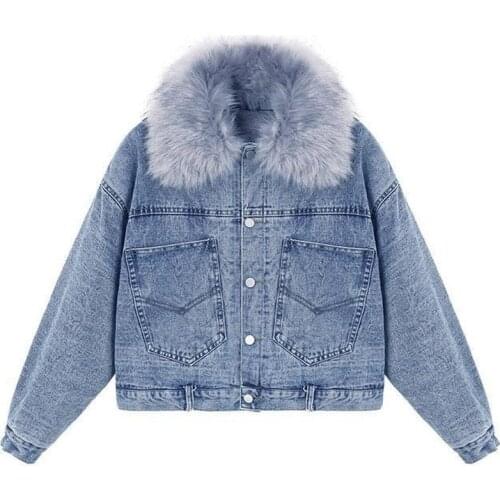 2021 Winter Clothes Faux Fur Collar Denim Jacket Women Warm Jeans Jacket Student Basic Short Parkas Female Bomber Coat Y174