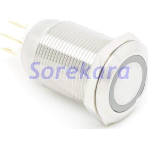 19mm Stainless Steel Ring LED Color White Momentary 1NO 1NC Pushbutton Switch Pin Feet For Auto IP65 UL 6V/12V/24V/110V/220V