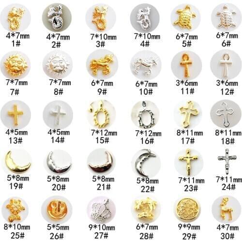 50pcs/Pack Alloy Nail Art Charms Parts Mermaid Tortoise Sun Smile Mirror Cross Moon Crown DIY Metal Accessories Sticker Tools