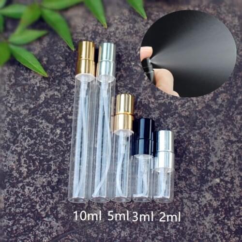 50pcs/lot 2ml 3ml 5ml 10ml Perfume Spray Bottle Travel Thin Glass Empty Cosmetic Bottle With Aluminium Pump