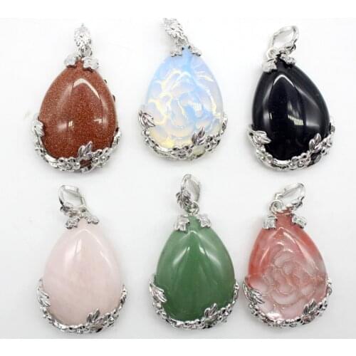 6pcs/lot Natural Stone Crystal alloy water drop Beads pendants Mixed Colors DIY for Handmade Necklace Lucky Healing Jewelry