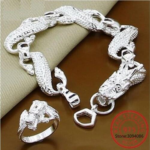 925 Sterling Silver Dragon Bracelet Bangle Ring Set For Woman Wedding Engagement Party Fashion Charm Jewelry