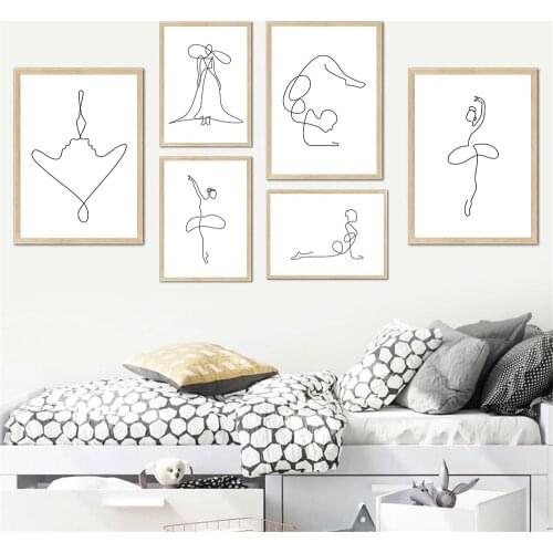 Abstract Ballet Girl Painting One Line Drawing Canvas Print Black And White Dancing Woman Wall Art Poster Pictures Home Decor
