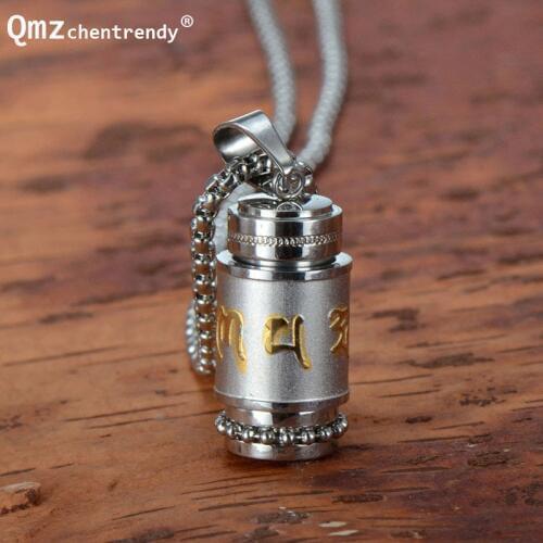 Titanium Steel Buddhism Jewelry Six Words Rotatable Pendant Sanskrit Amulet Charms Locket Necklace For Men Openable Storage Case