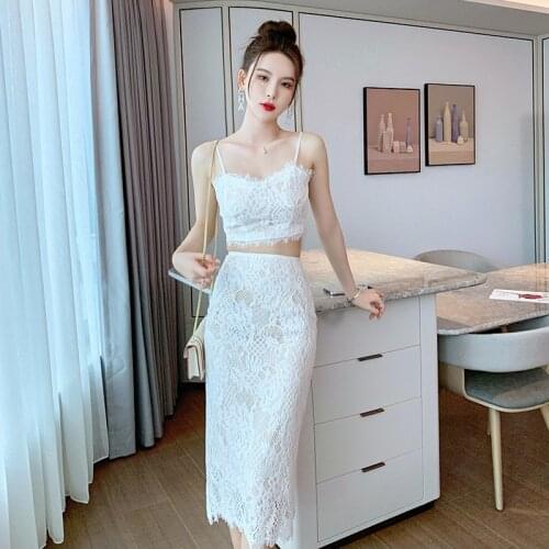 Fashion Summer Women French Romantic Lace Retro Sexy V-Neck Sleeveless Short Top Shirt High Waist Skirt Coffee Break 2 Peice Set