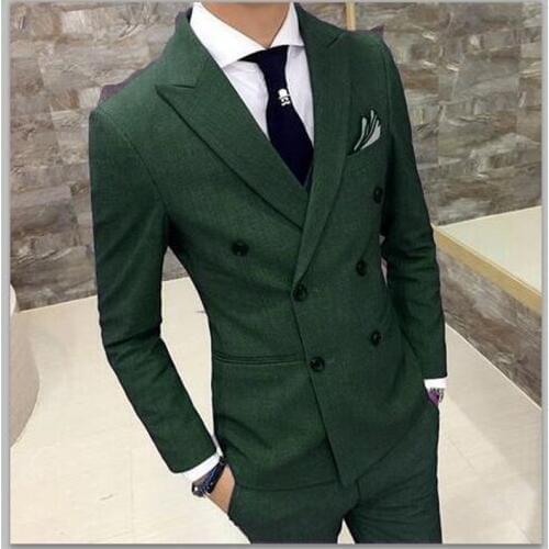 Double Breasted Green Men Suit For Wedding 2 Pieces(Jacket+Pants+Tie) High Quality Blazer Summer Custom Men Tuxedo Terno 006