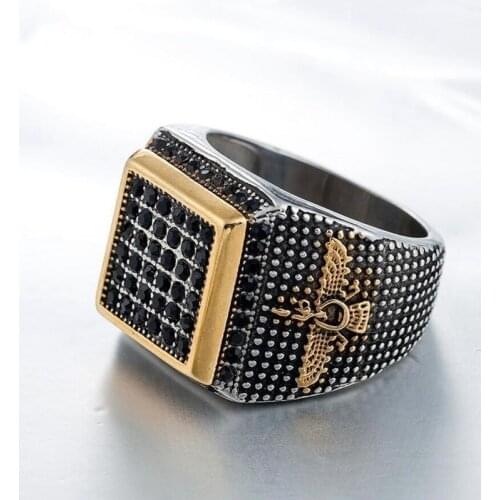 New Fashion Retro Big Ring Front Square for Men Inlaid Black Stone Crystal Eagle Pattern Ring Accessories Party Jewelry Size8-12