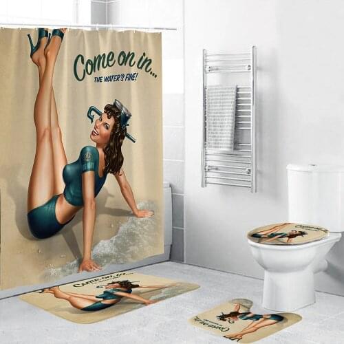 Sexy America Womem Shower Curtain Waterproof Fabric Bathroom Decor 4 Piece Set Beautiful Women Toilet Pad and Mat