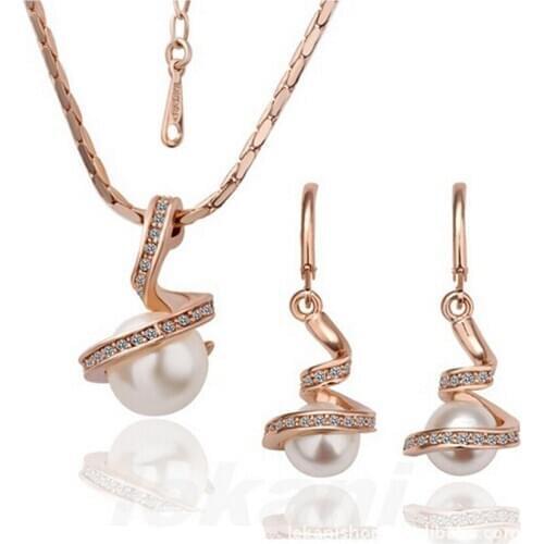 Freshwater Pearl Rose Gold color Earrings And Necklaces Jewelry Sets For Crystal Full Rhinestone For Women Christmas Gift