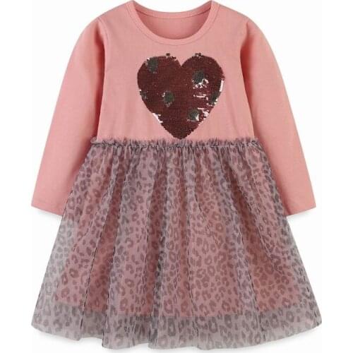 27kids Autumn Winter Skirt Long Sleeve Girls Cute Mesh Heart Sequins Clothes Round Neck Children Casual Dresses 2-7years