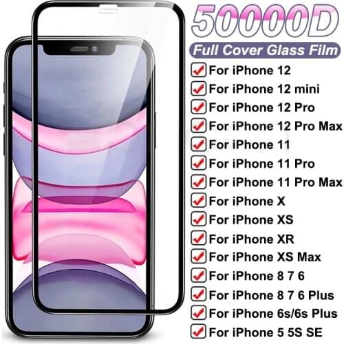 50000D Full Cover Tempered Glass For iPhone 12 Mini X XR XS Screen Protector Protective iPhone 12 11 Pro Max 6 6S 7 8 Plus Glass