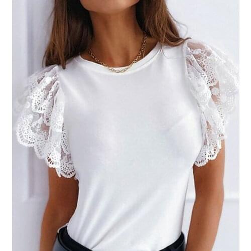 Women Casual T Shirt O Neck Mesh Transparent T Shirt Lace Flare Sleeves Solid Female Summer Tops Streetwear Fashion