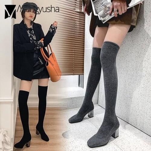 Thick high heels long sock boots women thigh high botas square toe over the knee knitted booties silver heel botas altas mujer
