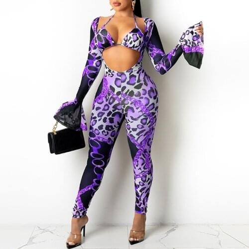 Women Jumpsuit Long Flare Sleeve Leopard Print Strapless Strapless Hollow Skinny Sexy with Undies Jumpsuit 2021