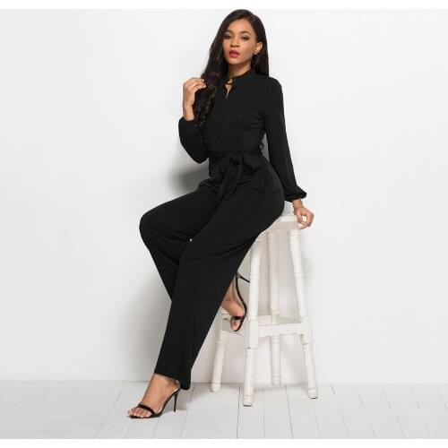 Office Lady Button Elegant Jumpsuit Bandage High Waist Long Sleeve Autumn Casual Loose Wide Leg Overalls For Women Plus Size 3XL