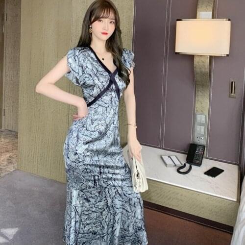 Light Luxury Tie Dye Satin Dresses for Women Summer Slim Elegant Vintage Dress Ladies Blue Fashion Dress for Women Clothing 2020