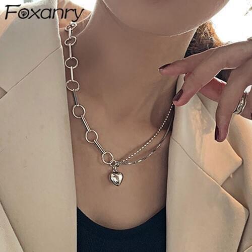 Foxanry Vintage Handmade 925 Sterling Silver Necklace for Women Trendy Simple LOVE Heart Pendant Thai Silver Party Jewelry Gifts