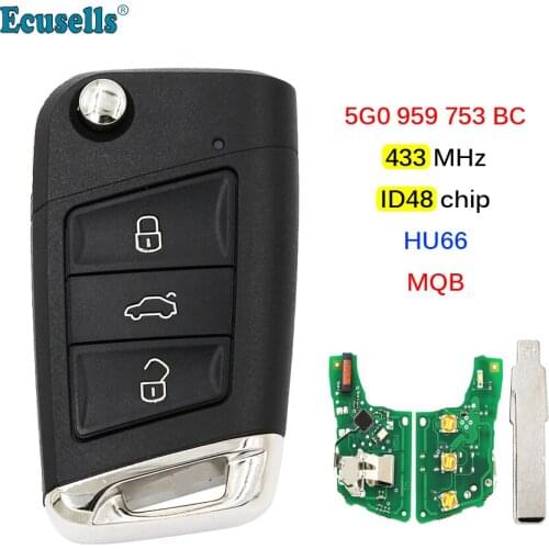 3 Button Remote Car Key 433Mhz ID48 Chip MQB Sytem for Volkswagen VW Golf MK7 Skoda Octavia A7 P/N:5G0 959 753 BC HAA blade