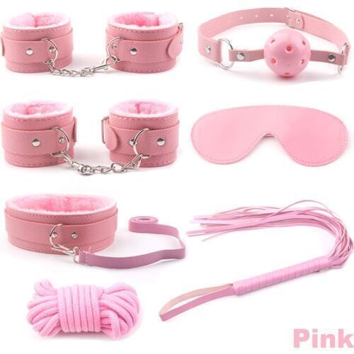 7pcs/Set PU Leather SM Sex Bondage Set Hand Cuffs Footcuff Whip Rope Blindfold Sex Toys For Couple