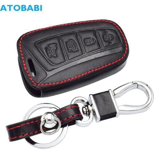 Real Leather Car Key Case For Hyundai Azera Equus Genesis Santa Fe 4 Buttons Smart Remote Fob Shell Cover Keychain Protector Bag