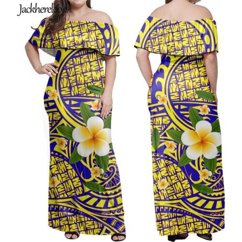Jackherelook Vintage Polynesian Tribal Hibiscus Floral Print Summer Off Shoulder Maxi Dress Bodycon Long Party Dresses Vestidos
