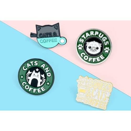 Cats Coffee Enamel Pin Custom Pug Puppy Cat Cafe Brooches Badges Bag Shirt Lapel Pin Buckle Cute Animal Jewelry Gift for Friends