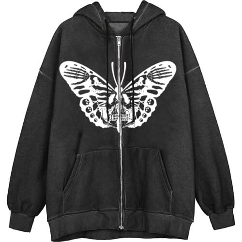 Graphic Oversized Hoodie Pullovers Sweatshirt Skeleton Zip Up Hoodies Rhinestone Goth With Pockets Y2k Толстовка Женская