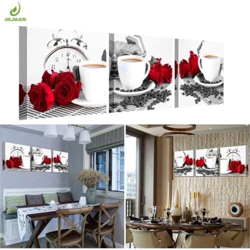 JHLJIAJUN Canvas HD Prints Paintings Home Decor 3Pcs Coffee Cup Pictures Coffee Bean Rose Flower Poster Restaurant Room Wall Art