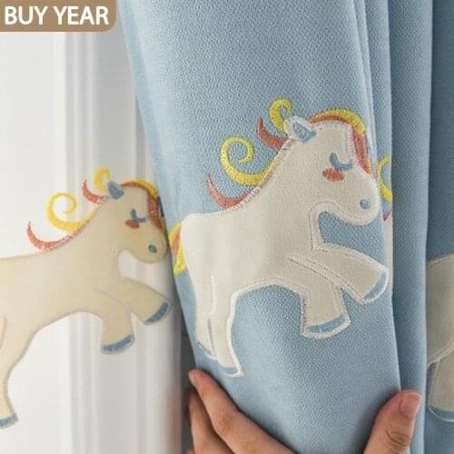 Korean Curtains for Living Dining Room Bedroom Cartoon Childrens Bedroom Pony Curtains Blue Pink Finished Product Customization