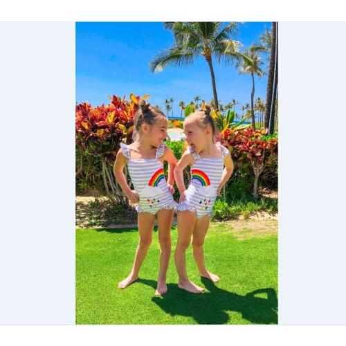 Summer Kids Sisters Swimsuit Rainbow Stripe Swimwear Bodysuit Ruffles Tankini Bikini Beachwear Bathing Suit for Toddler Girls