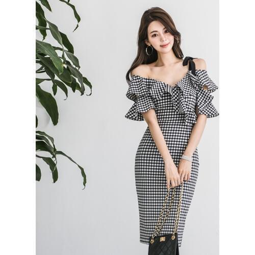 Fashion women elegant plaid ruffles sexy dress work style new arrival summer off shoulder temperament club pencil dress