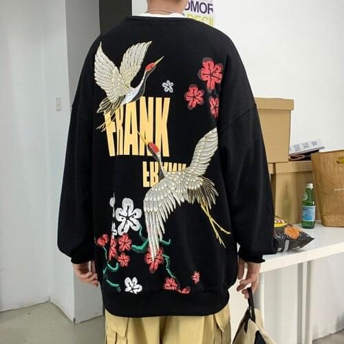 Men Autumn Harajuku Crane Embroider Pullovers Sweatshirts Mens Japanese Streetwear Hoodies Male Fashion Korean Sweatshirt KK3361