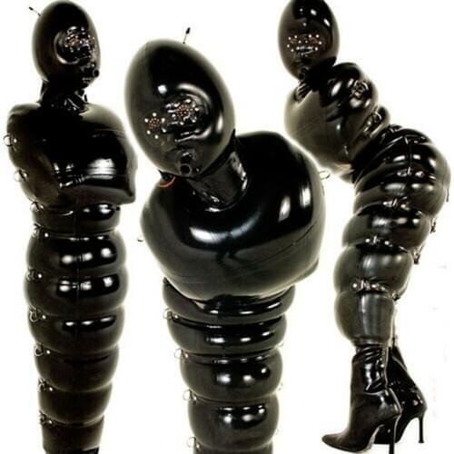 Handmade Black Inflatable Real Latex Rubber Bodysuit Double Layer Catsuit Inflated Valve with Belt Zip