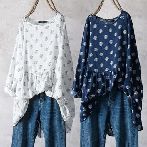 New Round-neck Print Loose-fitting Large Size Casual Long-sleeved Shirt Womens Top White Blue Blouse